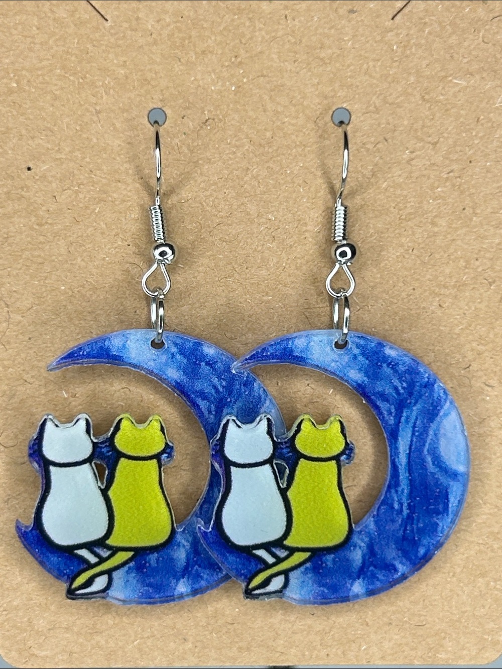 Blue Crescent Moon Cat Earrings with White & Yellow Kitties